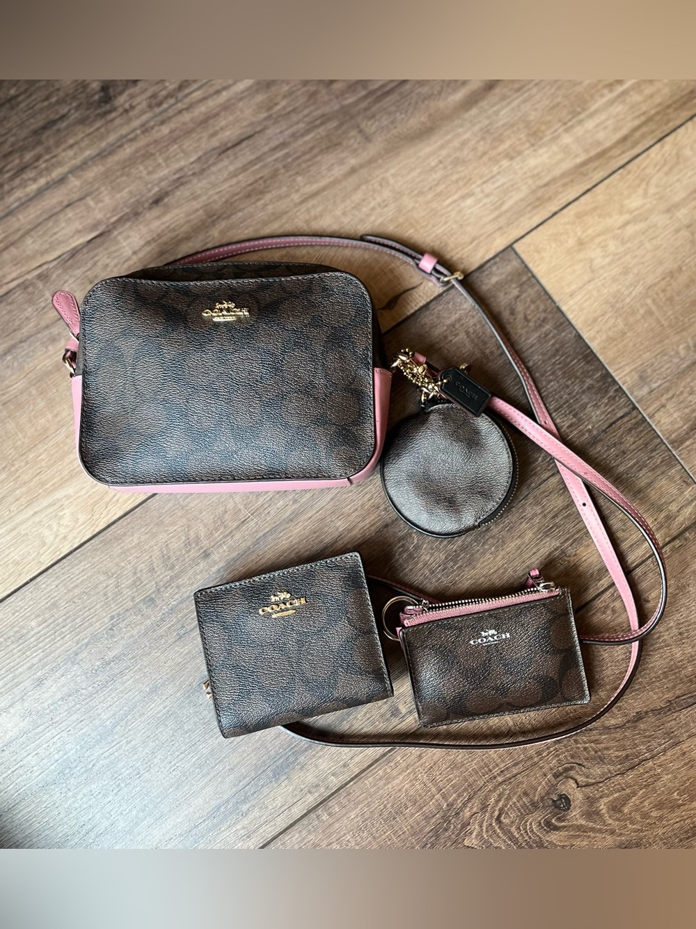 Coach Signature Crossbody w/ Pink, matching wallet, coin circle & skinny mini